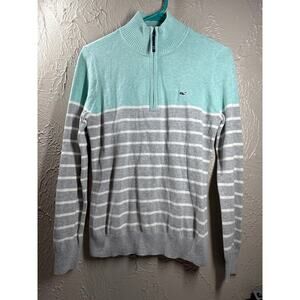 Vineyard Vines Womens 1/4 Zip Striped Cotton Knit Sweater‎ Gray Green Size Small